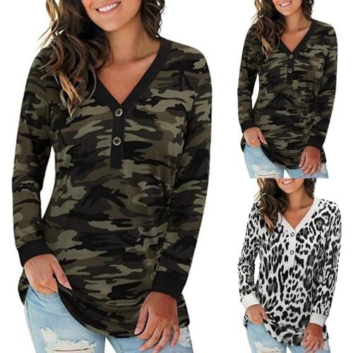 Autumn Women Leopard Print Buttons V Neck Long Sleeve Loose Leisure Pullover Blouse Tops T-shirt