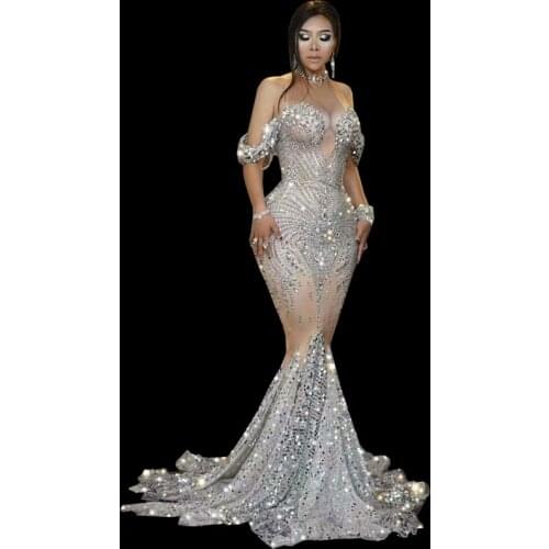 Flashing Silver Rhinestones Sequined Floor Length Dress Women Birthday Prom Celebrate Outfit Evening Women Long Big Tail Dress