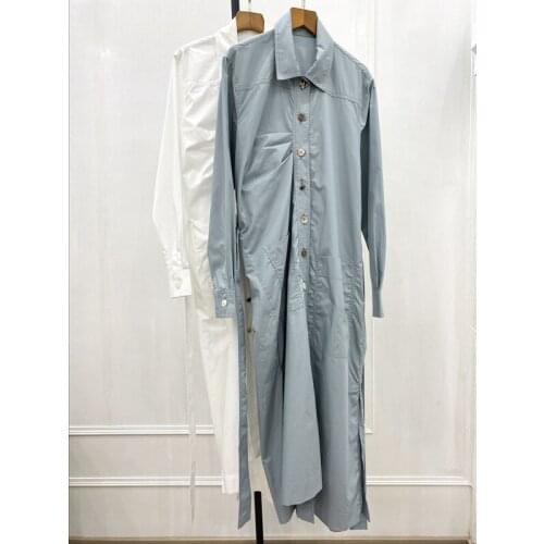 2021 Streetwear Early Autumn Women Cotton Dress Turn Down Collar Long Single Breasted Long Sleeve Lined Dress White Clothes Girl