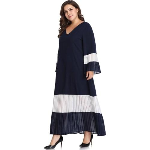 Maxi Dress 2021 Plus Size Casual Black And White Patchwork Stitching Contrast Matching Pleated V Neck Ankle Skirt Loose Home