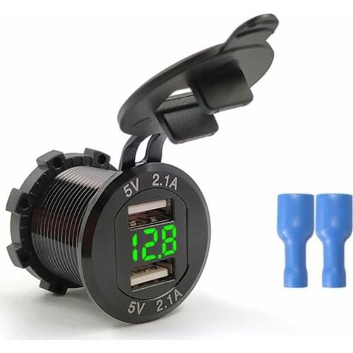 12V-24V 2 Port USB Car Charger Motorcycle Power Adapter Socket Splitter 5V 2.1A Output With LED Voltmeter Meter Car Accessories