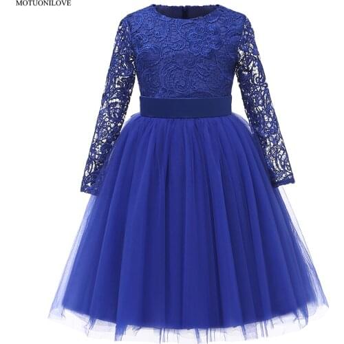 Long Sleeves Pink Lace Kids Bridesmaid Dress Baby Girl Flower Party Princess Dress Children Kids Clothes 2-13Year For Weddings