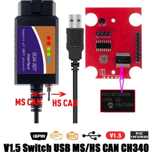 ELM327 USB FTDI HS CAN and MS ELM327 USB V1.5 OBD2 Diagnostic Cable PIC18F25K80 Chip ELM 327 Hardware 1.5 OBD2 ELM 327 Bluetooth
