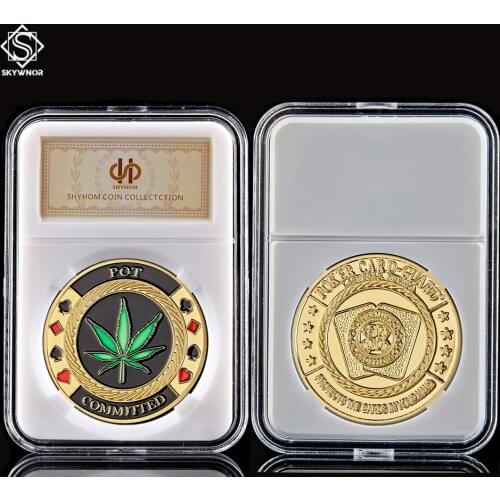 Poker Chip Casino POT Committed Metal Challenge Gold Coin Lucky Token Coin Collection W/ PCCB Display