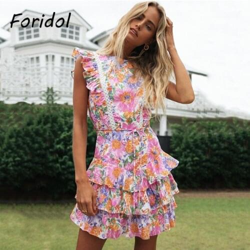 Foridol Backless Floral Boho Dress Women Ruffle Summer Dress Casual Beach Short Dress Women Hollow Out Lace Vintage Dress