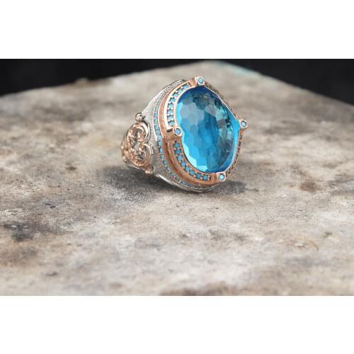 Blue Topaz GemStone Men Silver Ring, 925 Sterling Silver Topaz Ring, Topaz Stone Ring For Men, Aqua Blue Stone Silver Ring