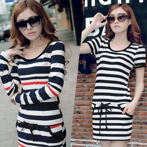 2015 new European and American Navy style black and white striped short-sleeved dress loose LYQ159