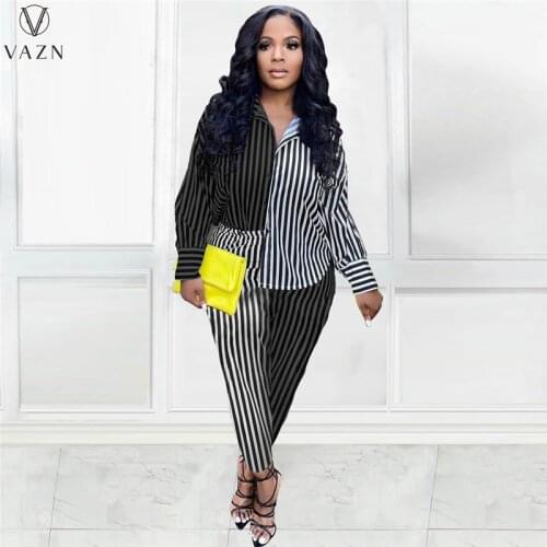 VAZN New 2021 Ladies Spring Fashion Street Casual Style Women Suit Long Sleeve Lapel Shirt Top Elastic Long Pants Striped Sets
