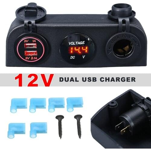 Newest 12V Car Marine Boat Camper Digital Display Dual USB 5V/2.1A Charger Cigarette Lighter Socket Voltmeter Panel Mount