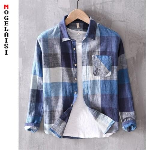 Men Big plaid shirt 55% linen 45% cotton 3 color pocket shirts for man High quality comfortable soft top 2020 spring new L530