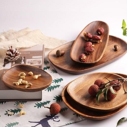 Irregular Oval Solid Wooden Plate Fruit Dishes Saucer Tea Sushi Serving Platter Dessert Dinner Dish Acacia Wood Dinnerware Set