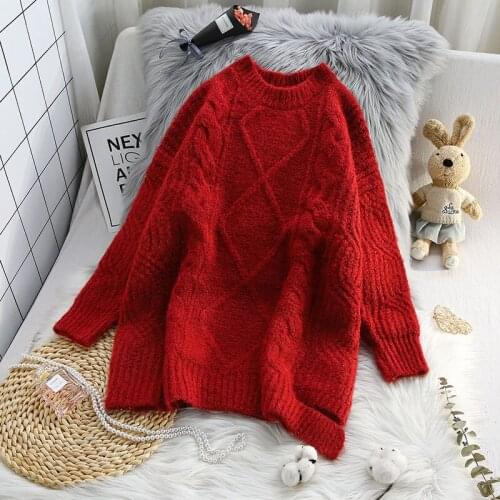 O-Neck Thicken Warm Knitted Red Women Sweater And Pullovers Long-Sleeved Loose Casual All Match Female Pulls Tops