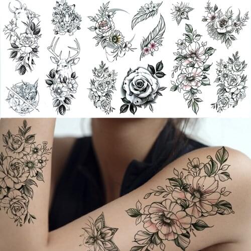 Flower Peony Temporary Tattoos For Women Girls Black Deer Tiger Cat Feather Tattoo Sticker Anemone Orchid Body Art Tatoos Thigh
