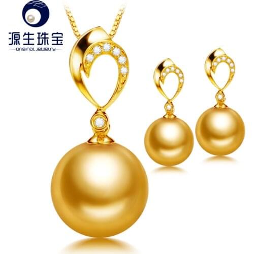 [YS] New 18K Gold With Diamond Tahitian/ South Sea Pearl Pendant Necklace & Earrings Jewelry Set