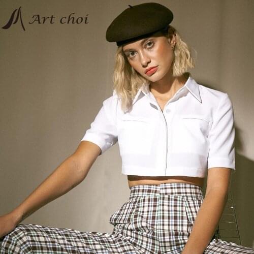 2021 Summer Elegant Casual T-Shirts Women White Blouse Crop Tops Pocket Female Shirt Work Office Ladies Comfortable Overshirt