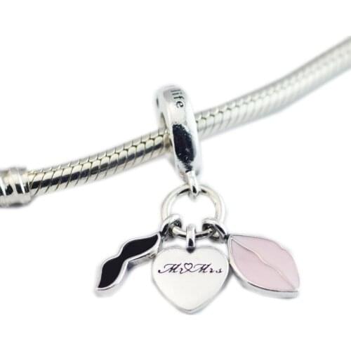 Love Couple Dangle Mr & Mrs Heart Charms for Bracelets Women DIY Silver 925 Jewelry Beard & Kiss Lip Charms for Jewelry Making