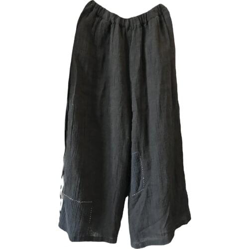 QPFJQD Ladies Vintage Cotton Linen Wrinkle Wide Leg Pants Autumn Summer Women Loose Elastic Waist Wide Leg Trousers 2021