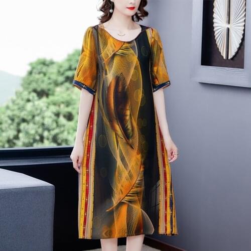 Vintage summer satin silk dress women elegant loose polka dot feather print retro casual long dress midi