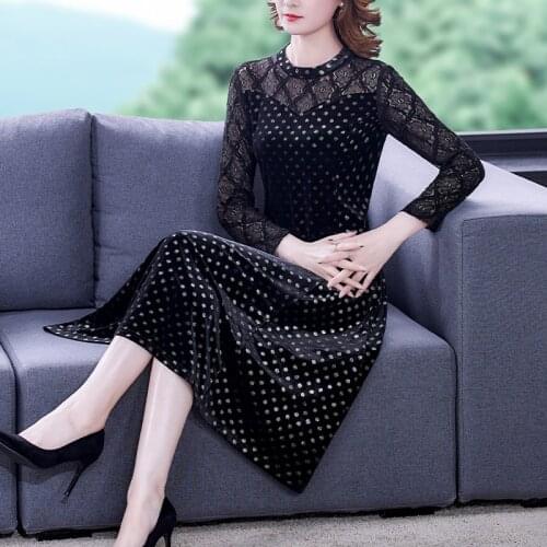 Spring Autumn Black Velvet Dot Midi Sequins Dress Women Korean Casual Vintage Lace Sexy Dress 2021 Elegant Bodycon Party Vestido