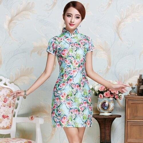 Chinese Vintage Style Womens Sexy Formal Rayon Cheongsam Flower Mandarin Collar Qipao Short Mini Dress S M L XL XXL JY086