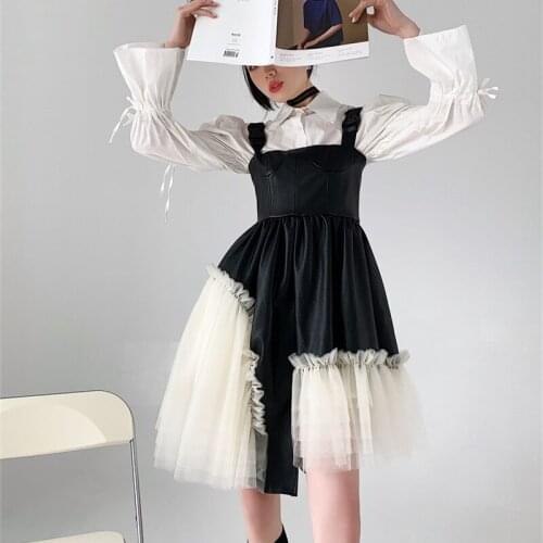 2021 Fashion Sexy Strapless PU Stitching Mesh cake Suspender Dress Gothic Lolita Dress Sweet Hot girl Fashion Vestido de mujer