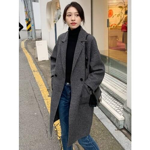 Double sided tweed coat womens medium length 2021 new winter Korean version loose leisure Hepburn wool coat small man