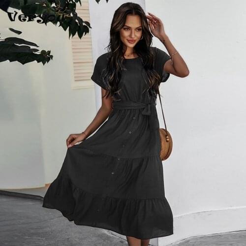 New Ladies Vintage Solid Long Dress Women Casual Slim Fashion Ruffles High Waist Belt Beach Women Dresses Summer 2021