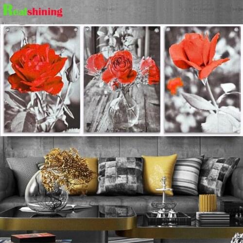 3pcs diamond painting Rose Flower Red Teal Floral diamond embroidery full round drill mosaic Black and White Flowers 3d N2125