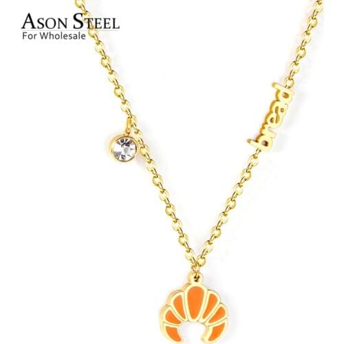 ASONSTEEL Stainless Steel Gold Color Croissant Pendant Necklace Cartoon Necklaces with Cubic Zirconia for Women Fashion Jewelry