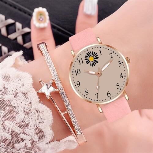 Lovely Daisy Flower Women Watches Ladies Casual Leather Strap Wrist Watch Clock Zegarek Damski
