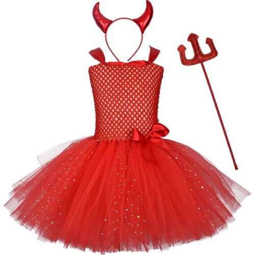 2021 New Children Role-playing Dress Red Devil Horn Tutu Dress with Hairband Halloween Costumes for Kids