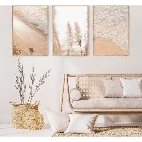 Coastal Landscape Wall Art Beige Beach White Waves Canvas Painting Nordic Reed Posters and Prints Pictures for Living Room Decor