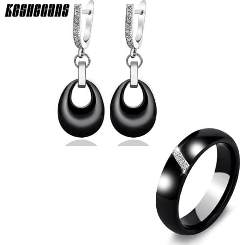 Classic Black White Pink Jewelry Set Water Drop Earrings And Crystal Simple Style Ring Ceramic Accessories Bijoux For Women Girl