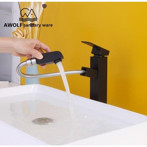 Bathroom Basin Sink Faucet Pull Out Faucet Mixer Tap Solid Brass Matte Black Hot Cold Switch Deck Mounted Bathroom Taps ML8018