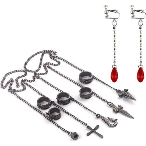 Cartoon Hunter X Hunter Rings Kurapika Cosplay Costume Prop Metal Ring Red Crystal Earrings Set Alloy Pendant Chain Figerrings