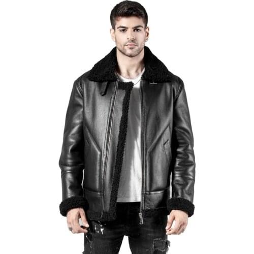 Best selling Black Sheepskin Coat Men Real Fur Overcoat Casual Bomber Jacket Shearling Coat