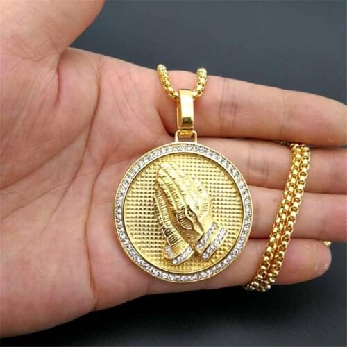 Hip Hop Iced Out Praying Hands Pendant Necklaces For Women And Men Gold Color Stainless Steel Round Jewelry Dropshipping