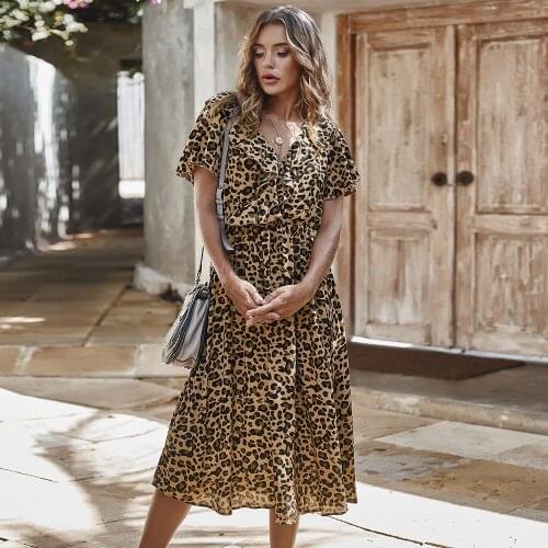 Sexy Leopard Printing Slimming V-neck Dresses High Waist Short Sleeve Ruffled Robe Summer Beach Vacation A-line Dress Streetwear