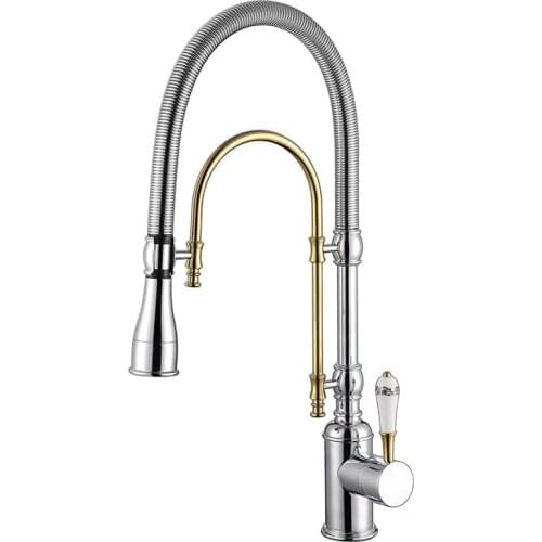 Kitchen Faucets Gold Brass Faucets for Kitchen Sink Single Lever Pull Out Spring Spout Mixers Tap Hot Cold Water Crane