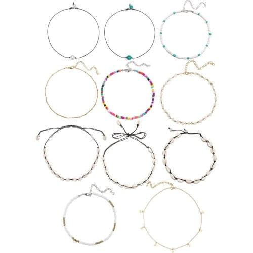 11 Pcs/Sets Vintage Bride Wedding Long Chain Choker Necklace Women Charm Alloy Shell Adjustable Beads Necklace