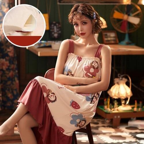 Women Dress Nightdress Sleepwear Cotton Nightie Nightgown Sleeveless Sling Nightwear Female Bra Padded Home Dress