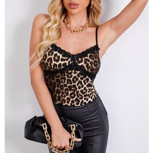 Woman Sexy Y2K Lace Splicing Leopard Printed Camisole Streetwear V-neck Zebra Print Midriff-baring Slim Elastic Sling Crop Tops