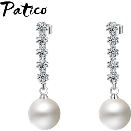 Korean Trend Simple Women 925 Sterling Silver Simulated Pearl Drop Earrings Pendant Dangle Earrings Fashion Cubic Zircon Jewelry