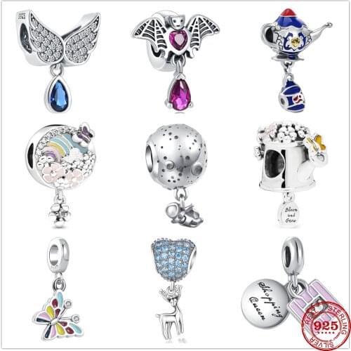 Fit Original Pandora Charm Bracelet 925 Sterling Silver Bead Butterfly Rainbow & Flower Bat For Women Jewelry Making Berloque