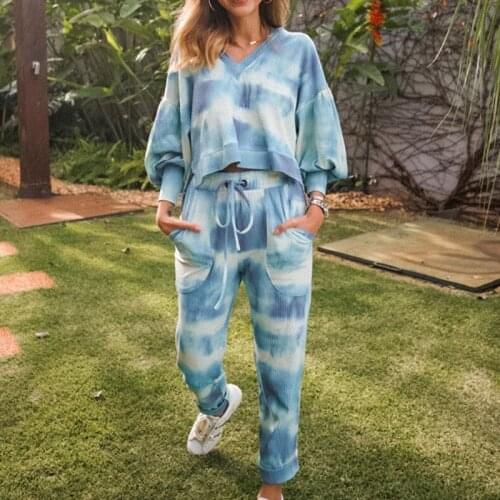 2 Pieces Set Women Fashion Print Tie-Dye Tops Casual Trouser Suit Lentern Sleeve Hoodie Pants Outfits Tracksuit Female Streetwea