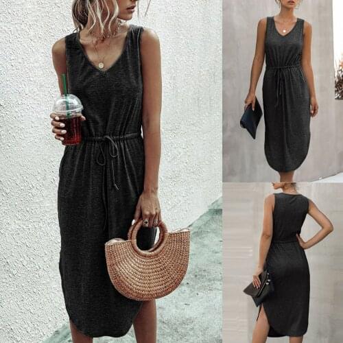 Summer Simple High Waist Drawstring Womens Dress Casual Solid Color V Neck Vest Pocket Dress Straight Backless Ladies Dress