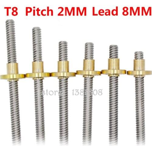 1PC 304 Stainless Steel T8 Lead Screw Dia 8mm Lead 8MM Length 100-600mm with Brass copper Nut for 3D Printer & CNC