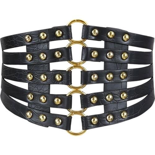 2021 Vintage Design Brand Metal Ring Gold Belt Ladies Women Belts Women Fashion Rivet Wide Elastic Waist 5 Straps Pu Belt