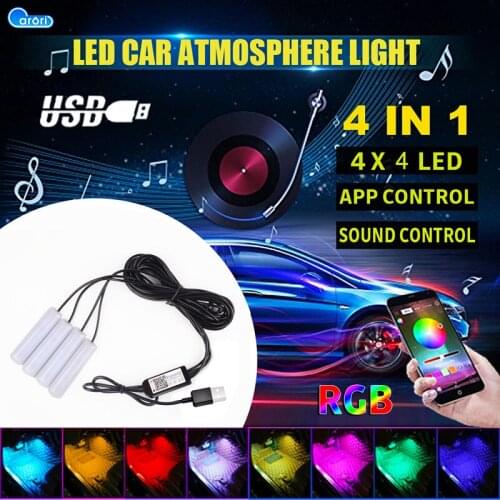 4PCS Car Atmosphere Light LED Ambient Lamp RGB Strip Light USB Music Control Multiple Colors Modes Auto Interior Decorative Lamp