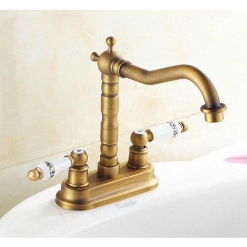Antique Brass Deck Mounted Dual Ceramic Handles Two Holes Bathroom Faucet Brass Swivel Spout Basin Sink Mixer Taps anf323